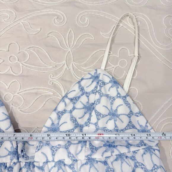 Milly Evelyn Tiered Eyelet Mini Dress Blue Floral Embroidered Spaghetti Straps - Picture 12 of 13